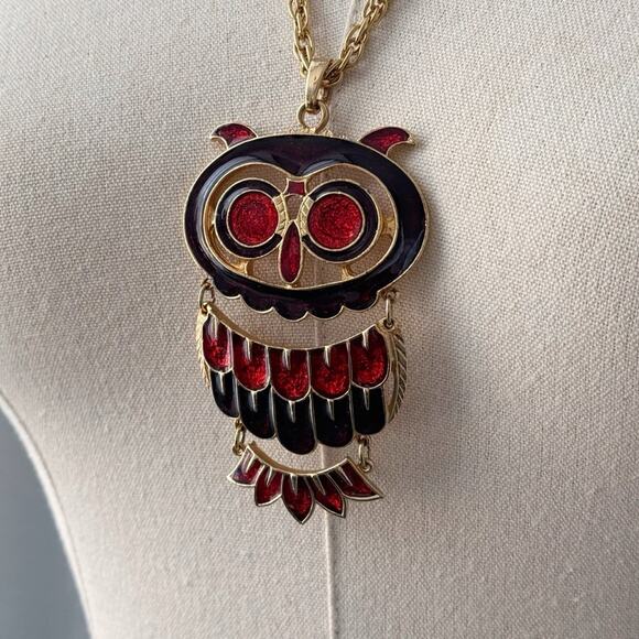 Vintage Gold Tone Red Owl Big Statement Estate Necklace 23.5” Jewelry Fashion - Picture 2 of 7